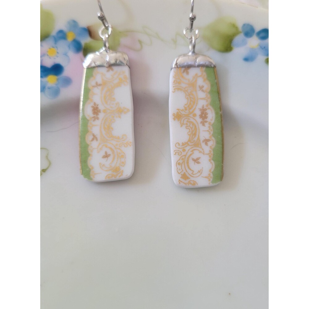 Handmade Broken China Rectangle Dangle Earrings, Green and Gold Porcelain